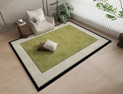 Square Green Rug With White Black Border And Pillows On Light Wood Floor 3d model