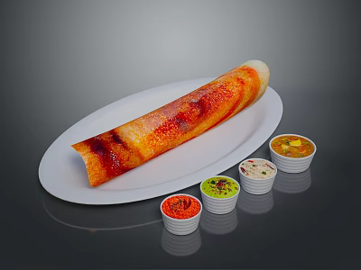 Traditional South Indian Dosa on White Oval Plate with Colorful Chutney Cups 3d model