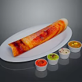 Traditional South Indian Dosa on White Oval Plate with Colorful Chutney Cups