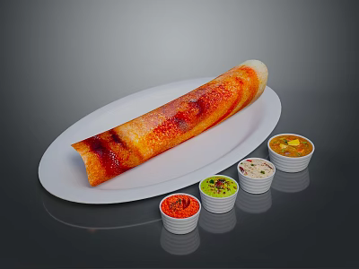 Traditional South Indian Dosa on White Oval Plate with Colorful Chutney Cups 3d model