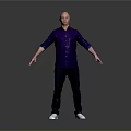 Bald Man In Purple Shirt Standing With Arms Outstretched On Gray Background
