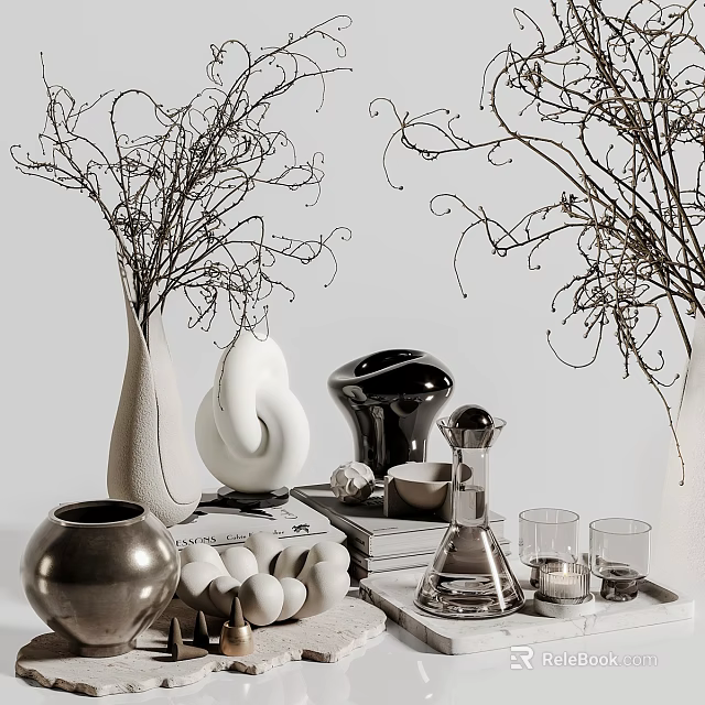 Decorative Ornament Set With Vases Branches Ceramic Sculptures Glass Cups Metal Containers And Stacked Books 3d model 