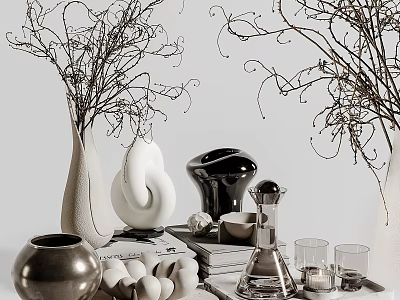 Decorative Ornament Set With Vases Branches Ceramic Sculptures Glass Cups Metal Containers And Stacked Books 3d model