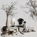 Decorative Ornament Set With Vases Branches Ceramic Sculptures Glass Cups Metal Containers And Stacked Books