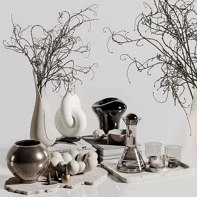 Decorative Ornament Set With Vases Branches Ceramic Sculptures Glass Cups Metal Containers And Stacked Books 3d model