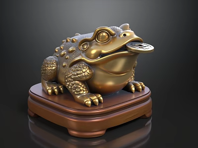 Golden Toad Ornament With Coin In Mouth On Brown Platform Base 3d model