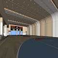 Modern Basketball Gymnasium Interior With Curved Wooden Ceiling And Scoreboard
