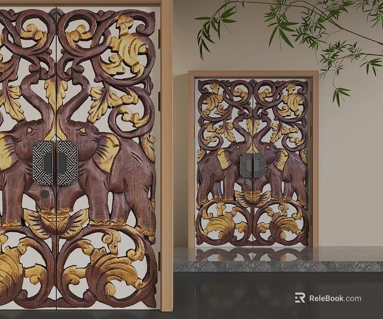 Wooden Swing Door With Intricate Carved Elephant Patterns And Decorative Designs 3d model 