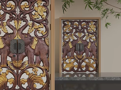 Wooden Swing Door With Intricate Carved Elephant Patterns And Decorative Designs 3d model