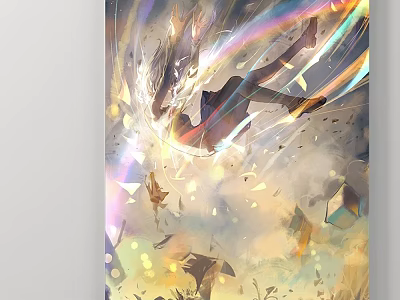 Vibrant Landscape Painting With Rainbow Light Rays Floating Golden Fragments And Soft Sky Hues 3d model
