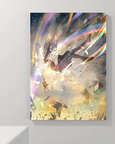 Vibrant Landscape Painting With Rainbow Light Rays Floating Golden Fragments And Soft Sky Hues 3d model