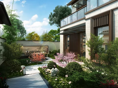 Tranquil Residential Garden Landscape With Stone Path Colorful Flowers And Lush Greenery 3d model