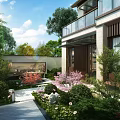 Tranquil Residential Garden Landscape With Stone Path Colorful Flowers And Lush Greenery