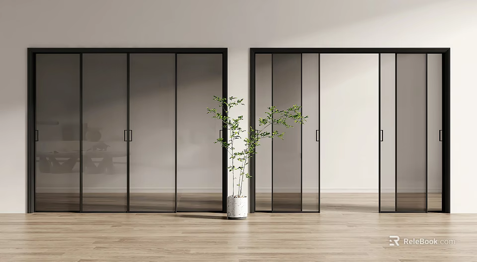 Modern Interior Featuring Glass Sliding Doors With Black Frames Wooden Floor And Green Plant 3d model 