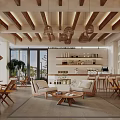 Cozy Café Interior With Wooden Ceiling Beams Rattan Pendant Lights And Sofa Seating