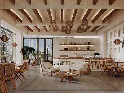 Cozy Café Interior With Wooden Ceiling Beams Rattan Pendant Lights And Sofa Seating 3d model