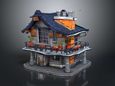 Cartoon Style House With Blue Roof Orange Walls Chimney And Balcony Potted Plants 3d model