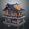 Cartoon Style House With Blue Roof Orange Walls Chimney And Balcony Potted Plants