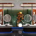 Elegant Modern Public Restroom Interior With Multiple Washbasins Round Mirrors and Marble Countertops