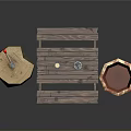 Rustic Outdoor Wooden Picnic Table Setup With Stump Axe Clay Pot And Bench