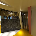 Modern Clubhouse Interior With Yellow Floor Wooden Benches And Large Screen Projections