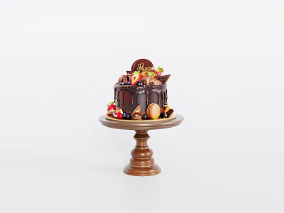 Delicious Chocolate Cake Decorated With Fresh Fruits Nuts On Wooden Stand 3d model