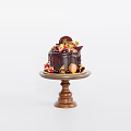 Delicious Chocolate Cake Decorated With Fresh Fruits Nuts On Wooden Stand
