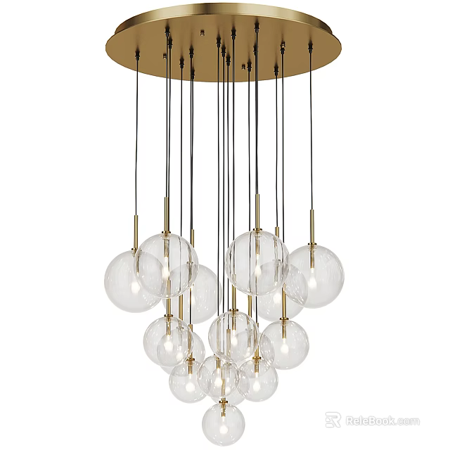 Modern Ceiling Light With Multiple Transparent Glass Balls And Gold Metal Rods 3d model 