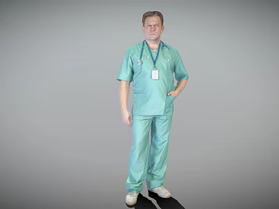 A Man In Light Green Scrub Suit With Stethoscope And ID Badge Standing Posture 3d model