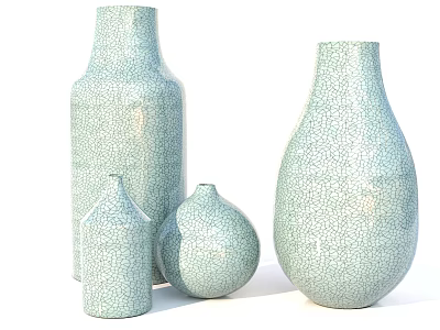 Set of Decorative Ceramic Vases with Light Green Crackle Texture and Various Shapes 3d model