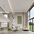 Modern Duplex Living Room Interior Design With Marble Wall Green Artwork And Large Windows