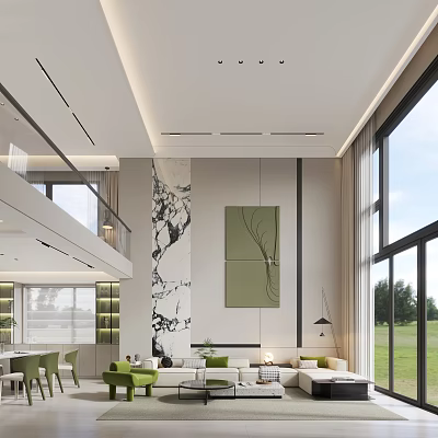 Modern Duplex Living Room Interior Design With Marble Wall Green Artwork And Large Windows 3d model