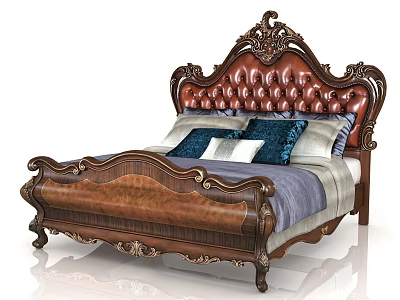 Ornate Double Bed With Carved Wooden Frame And Tufted Leather Headboard 3d model