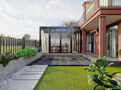 Garden Landscape Featuring Glass Roofed Terrace Red Brick Building Green Lawn And Outdoor Seating 3d model