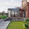 Garden Landscape Featuring Glass Roofed Terrace Red Brick Building Green Lawn And Outdoor Seating