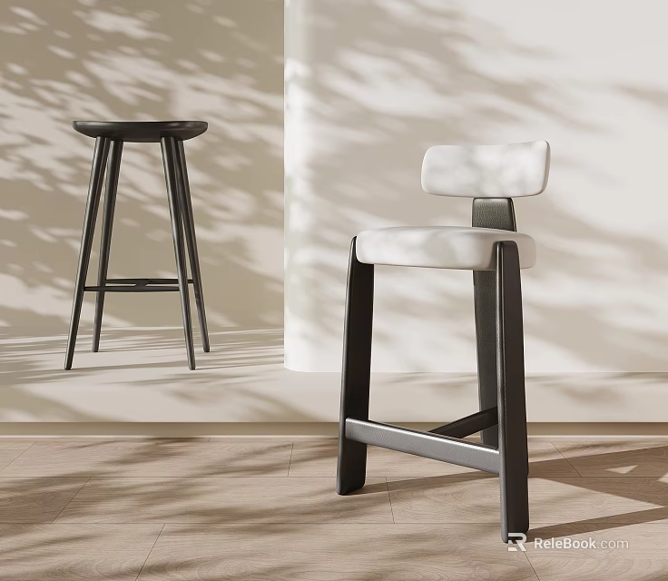 Modern Minimalist Bar Stools With Light Upholstery And Dark Legs In Bright Interior 3d model 