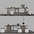 Modern Minimalist Tea Table and Stools with Tea Sets and Green Plant 3d model