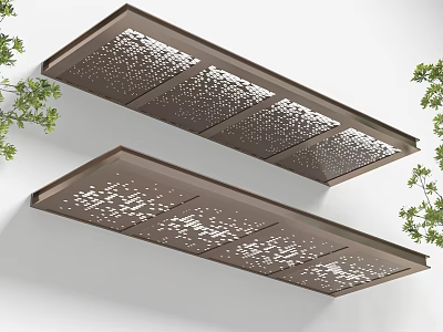 Brown Awnings With Perforated Design Mounted On White Wall With Green Foliage 3d model