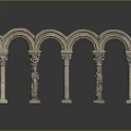 Scenic Classical Landscape With Stone Arches Carved Columns And Smooth Ground Reflections