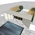 Modern Entrance Gate With Concrete Walls Pool And Metal Grille Greenery