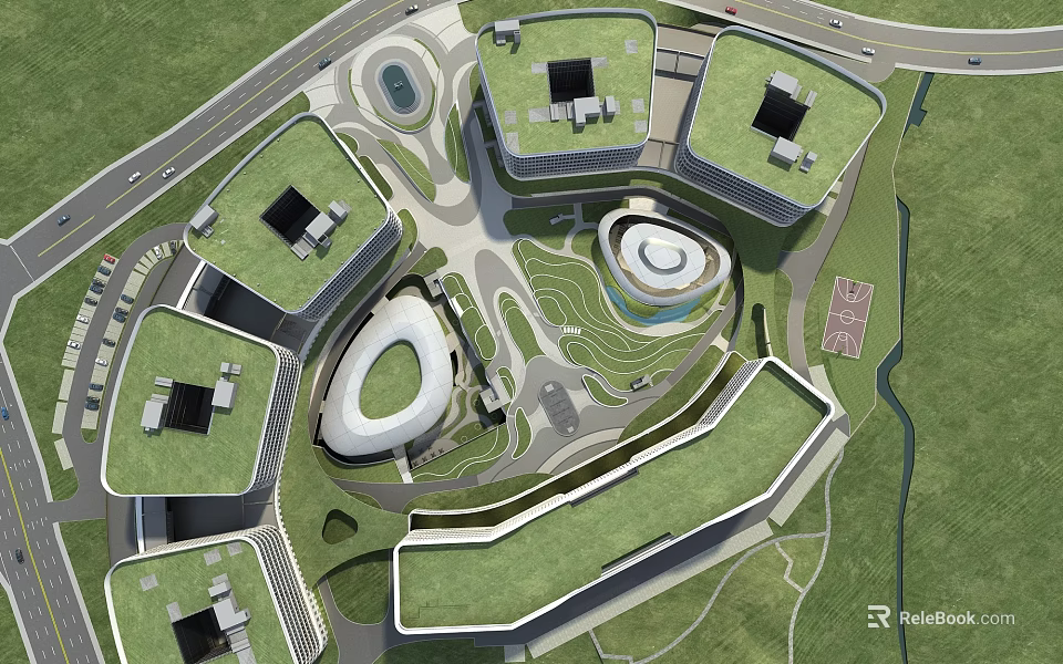Aerial Planning Of Modern Urban Complex Featuring Green Rooftops And Curved Building Shapes 3d model 