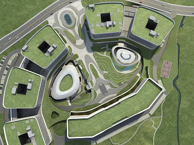 Aerial Planning Of Modern Urban Complex Featuring Green Rooftops And Curved Building Shapes 3d model
