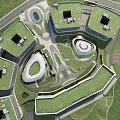 Aerial Planning Of Modern Urban Complex Featuring Green Rooftops And Curved Building Shapes