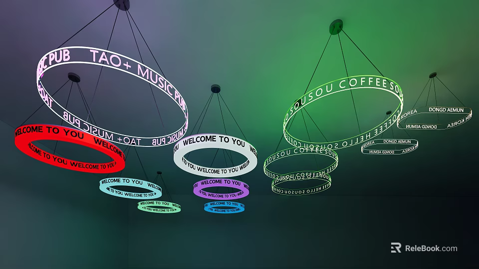 Illuminated Circular Chandeliers With Colorful Lighting And Text Messages Design 3d model 