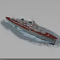 Vintage Red And White Warship Sailing On Blue Water With Smoke Stacks