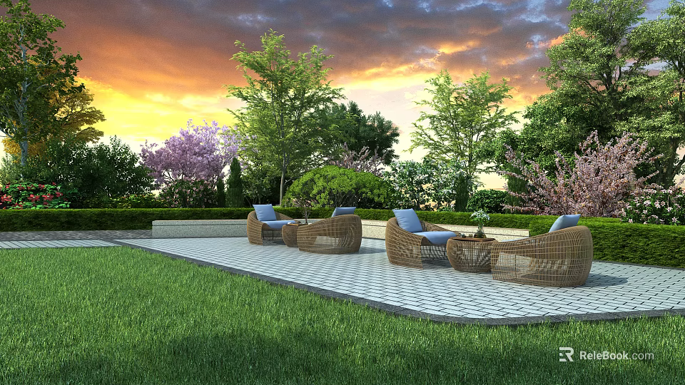 Outdoor Wicker Sofas On Patio With Green Lawn And Trees Against Sunset Sky 3d model 