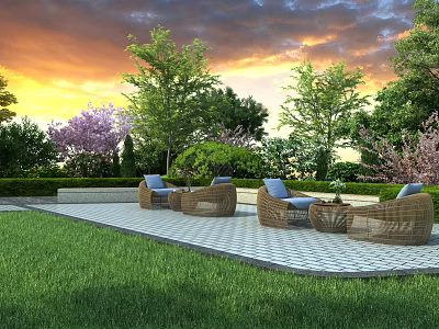 Outdoor Wicker Sofas On Patio With Green Lawn And Trees Against Sunset Sky 3d model