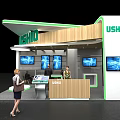 USHIO Exhibition Booth Modern Design With Digital Screens Wooden Panels And Visitor Engagement
