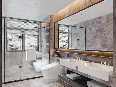 Modern Bathroom Interior Design With Marble Walls Double Sinks And Large Mirror 3d model