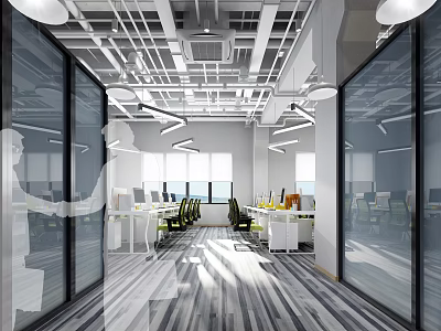Modern Public Office Space With Glass Partitions Workstations Ergonomic Chairs Natural Light Striped Wooden Flooring 3d model